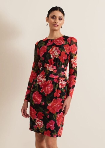 Phase Eight Roshni Mesh Floral Dress Black/Multicolor USA | 1309685-HR